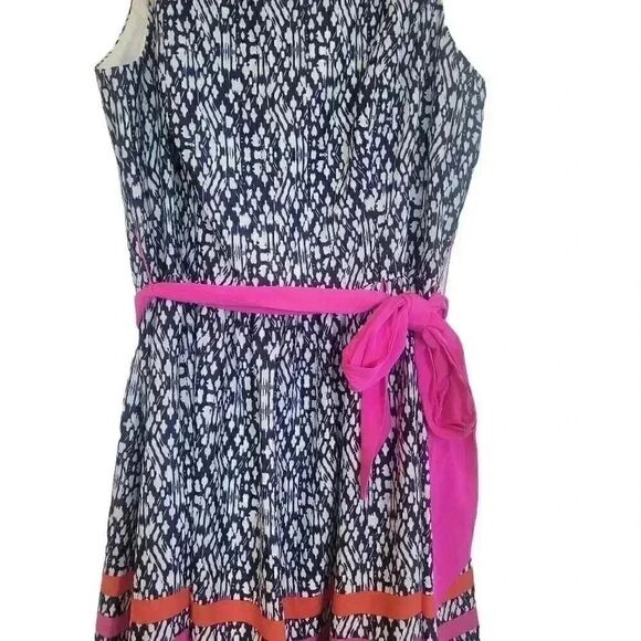 Eliza J Women's Navy & White Poly Print Colorful Striped Ribbons Pink Sash Sleev - Picture 5 of 14